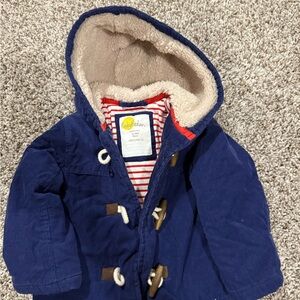 Baby Boden Blue and Cream Puffer Jacket with Hood